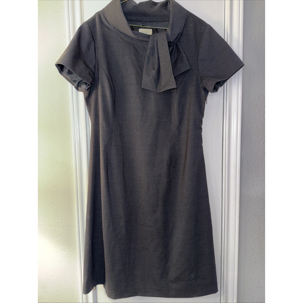 Neiman Marcus 100% Wool Charcoal‎ Gray Dress Vintage Sheath Size 16 Midi Tie